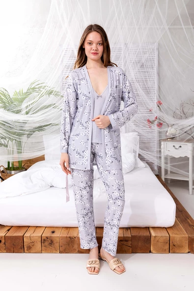 Nisanca Kutulu Çeyizlik Zen Pijama Seti - Exclusive 3 Parça İpeksi Sabahlıklı Kadın Pijama Takımı - 11