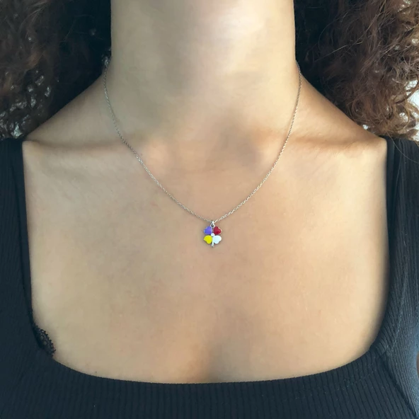 Renkli 4 Yapraklı Yonca Model Gümüş Kolye GK-258 - Resim 2
