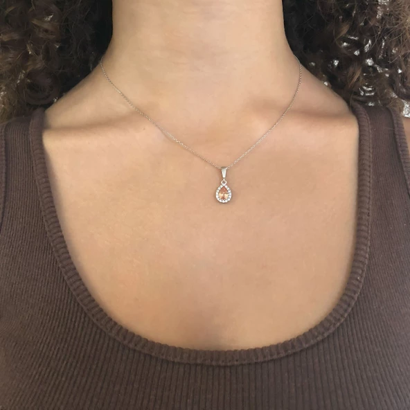Zirkon Taşlı Su Damlası Gümüş Kolye GK-337 - Resim 2