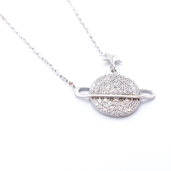 Zirkon Taşlı Satürn Model Gümüş Kolye GK-339 - Resim 4