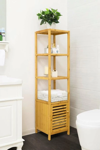 Digithome Bambu Tek Kapaklı 4 Raflı Çok Amaçlı Düzenleyici Organizer Dolap - DB-0003