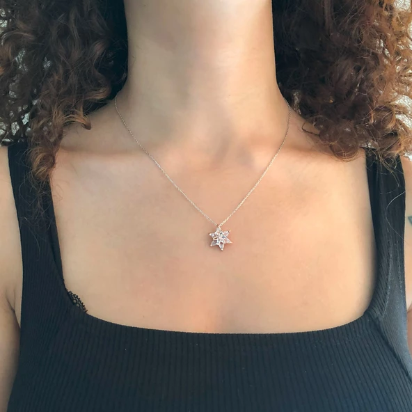 Beyaz Zirkon Taşlı Çiçek Model Rose Gümüş Kolye GK-262 - 2