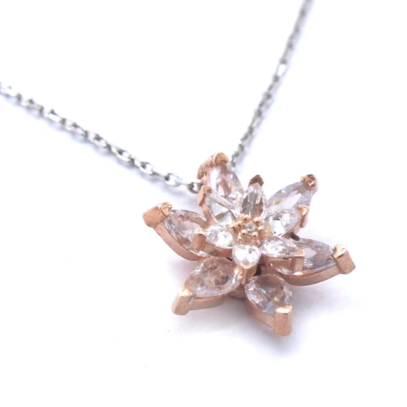 Beyaz Zirkon Taşlı Çiçek Model Rose Gümüş Kolye GK-262 - 3