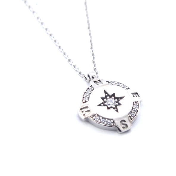 Zirkon Taşlı Pusula Model Gümüş Kolye GK-321 - 4