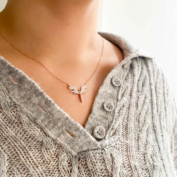 Mikail (Huzur) Meleği Zirkon Taşlı Rose Gümüş Kolye GK-116 - Resim 2