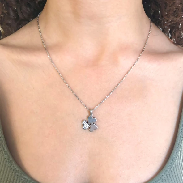 Yonca Motifli Zirkon Taşlı Gümüş Kolye GK-189 - Resim 2