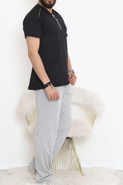 Düğmeli Erkek Pijama Takımı Siyahgri - 17370.1048. - 2