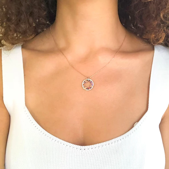 Renkli Zirkon Taşlı Yuvarlak Kelebek Motifli Gümüş Kolye GK-281 - 2