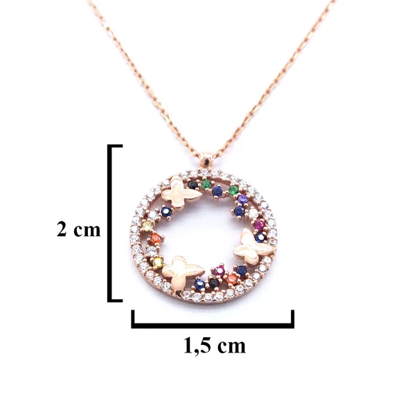 Renkli Zirkon Taşlı Yuvarlak Kelebek Motifli Gümüş Kolye GK-281 - 3