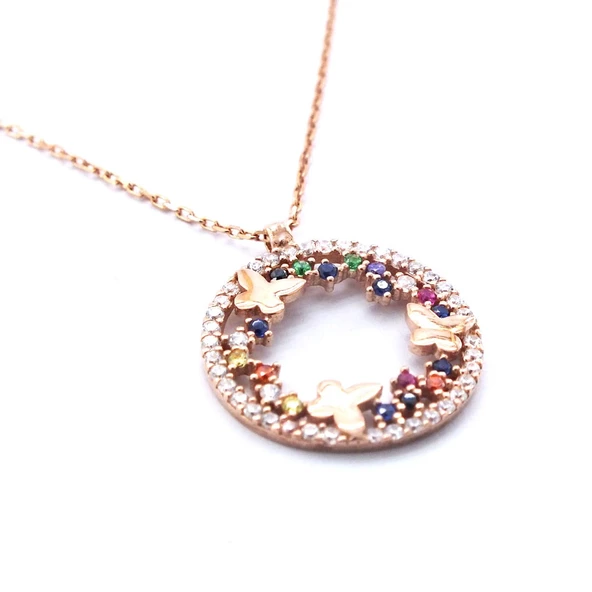 Renkli Zirkon Taşlı Yuvarlak Kelebek Motifli Gümüş Kolye GK-281 - 4