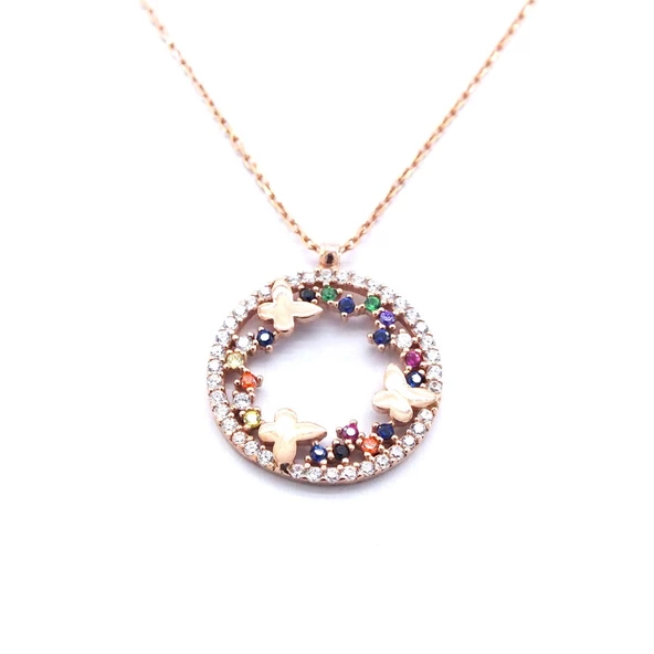 Renkli Zirkon Taşlı Yuvarlak Kelebek Motifli Gümüş Kolye GK-281