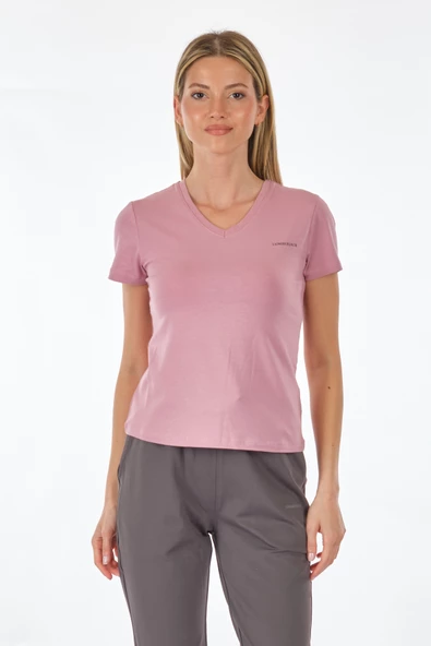 Lumberjack V Yaka Kısa Kol Minimalist Kadın Tişört - Günlük Kullanım - 8