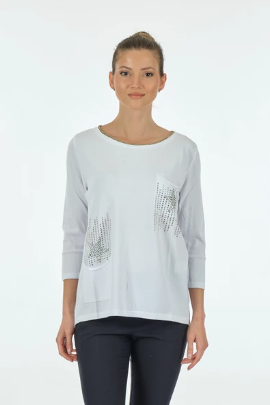 Twomail Minimalist Oversize 3/4 Kol Kadın Bluz - Cep Detaylı