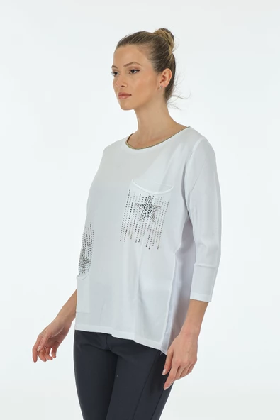 Twomail Minimalist Oversize 3/4 Kol Kadın Bluz - Cep Detaylı - 10