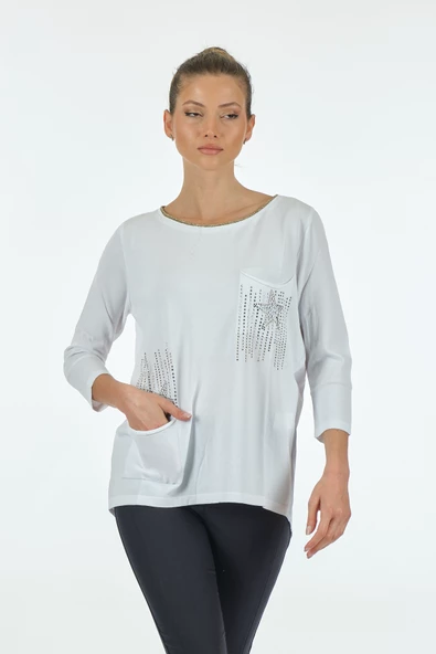 Twomail Minimalist Oversize 3/4 Kol Kadın Bluz - Cep Detaylı - 7