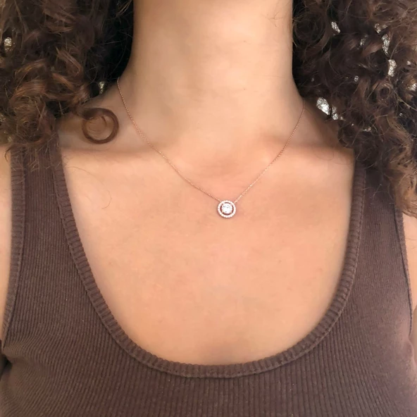Rose Yuvarlak Zirkon Taşlı Gümüş Kolye GK-334 - Resim 2