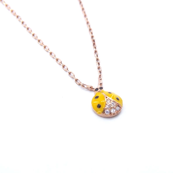 925 Ayar Rose Zirkon Taşlı Sarı Uğur Böceği Gümüş Kolye GK-275 - 3