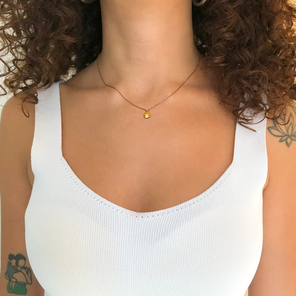 925 Ayar Rose Zirkon Taşlı Sarı Uğur Böceği Gümüş Kolye GK-275 - 2