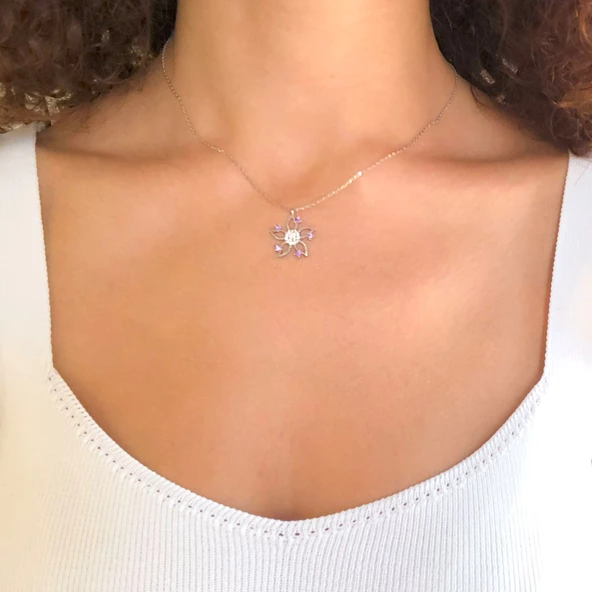 Zirkon Taşlı Çiçek Gümüş Kolye GK-247 - Resim 2