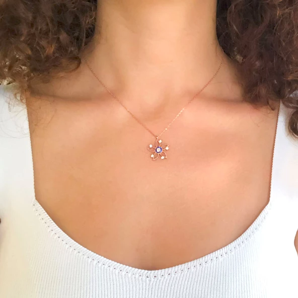 Zirkon Taşlı Çiçek Rose Gümüş Kolye GK-246 - Resim 3