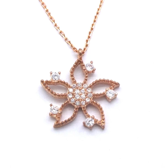 Zirkon Taşlı Çiçek Rose Gümüş Kolye GK-244 ürün görseli 1