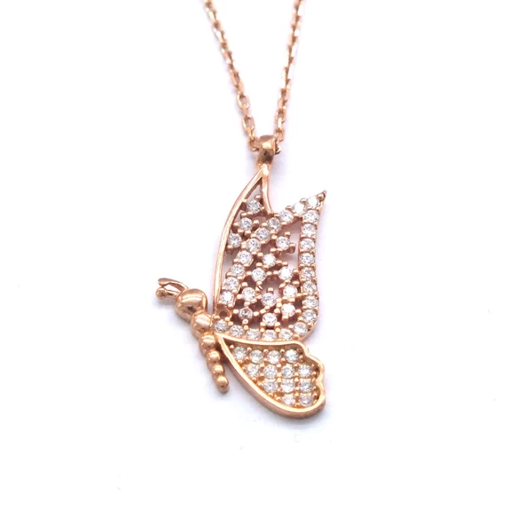 Zirkon Taşlı Kelebek Rose Gümüş Kolye GK-242 ürün görseli 1