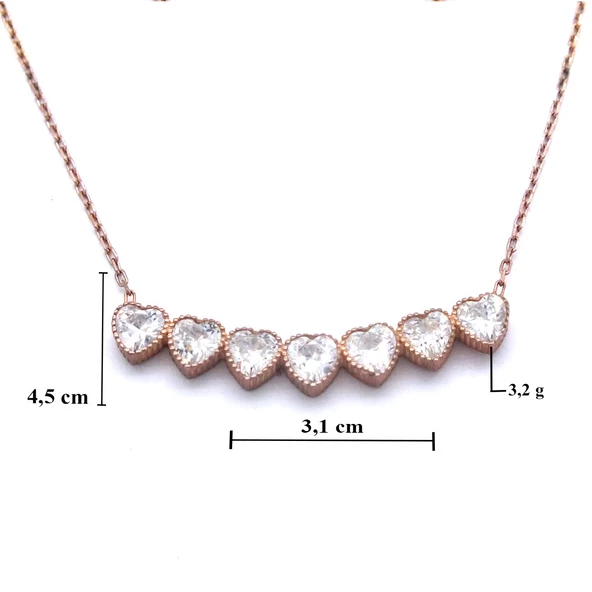 Zirkon Taşlı Sıralı Kalp Rose Gümüş Kolye GK-237 - Resim 3