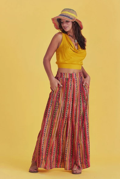 Rahat Kesim Beli Lastikli Desenli Pileli Uzun Etek - 2