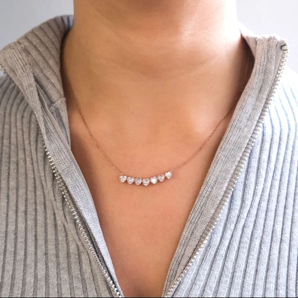 Zirkon Taşlı Sıralı Kalp Rose Gümüş Kolye GK-237 - Resim 4