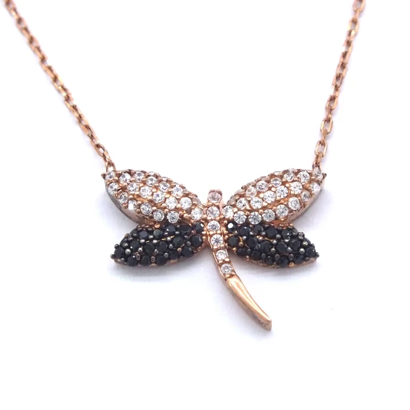 Zirkon Taşlı Çift Renk Yusufçuk Rose Gümüş Kolye GK-233 ürün görseli