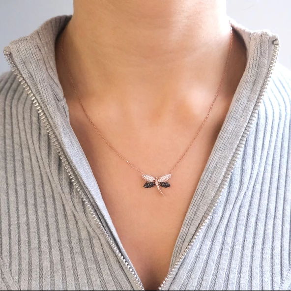 Zirkon Taşlı Çift Renk Yusufçuk Rose Gümüş Kolye GK-233 - Resim 2