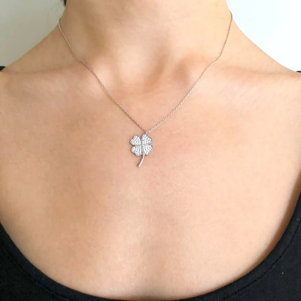 Zirkon Taşlı Yonca Gümüş Kolye GK-217 - Resim 2