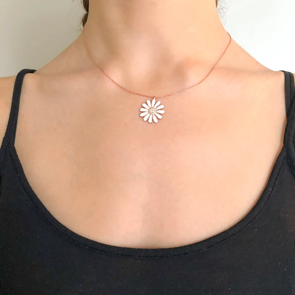 Zirkon Taşlı Beyaz Çiçek Rose Gümüş Kolye GK-216 - Resim 2