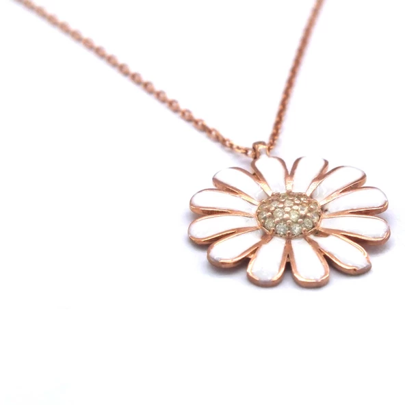 Zirkon Taşlı Beyaz Çiçek Rose Gümüş Kolye GK-216 - Resim 3