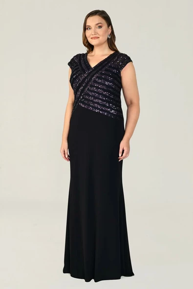 Alfa Beta V Yaka Üst Payetli Uzun Abiye Elbise - 7