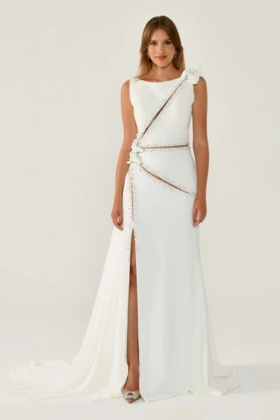 Alfa Beta Çiçek ve Aksesuarlı Yırtmaçlı Şallı Uzun Abiye Elbise - 3