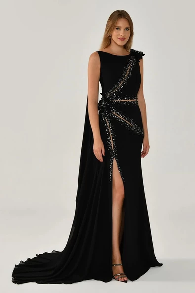 Alfa Beta Çiçek ve Aksesuarlı Yırtmaçlı Şallı Uzun Abiye Elbise - 7