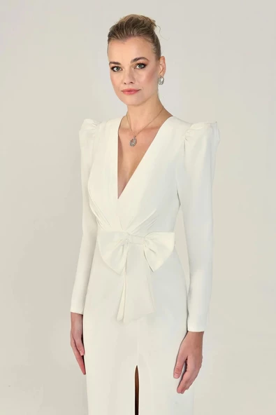 Alfa Beta KadınV Yaka Uzun Kollu Yırtmaçlı Uzun Abiye Elbise 2245625 - Resim 5