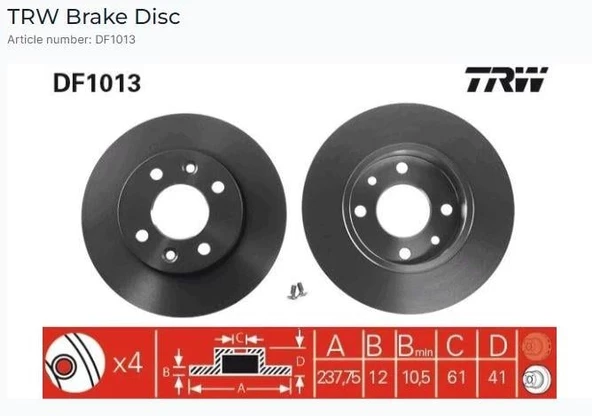 (DF4382) ÖN FREN AYNASI R9-R11-R19 CLIO I-II-MGN I(96/9.99)TWNG 1.2 96=(238x12x4DL) - 1