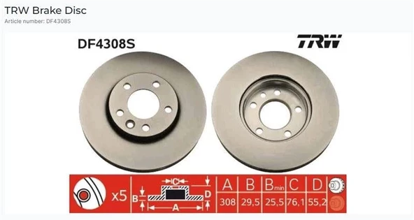 ÖN FREN AYNASI (ADET) TRANSPORTER T5 03MULTIVAN 03TOUAREG 02CRAFTER 06(308x29.5x5DLxHAVALI)xxx