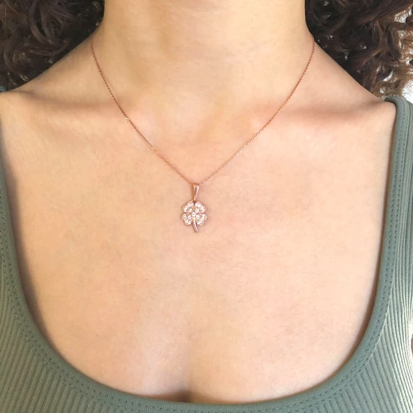 Yonca Motifli Zirkon Taşlı Rose Gümüş Kolye GK-184 - Resim 2