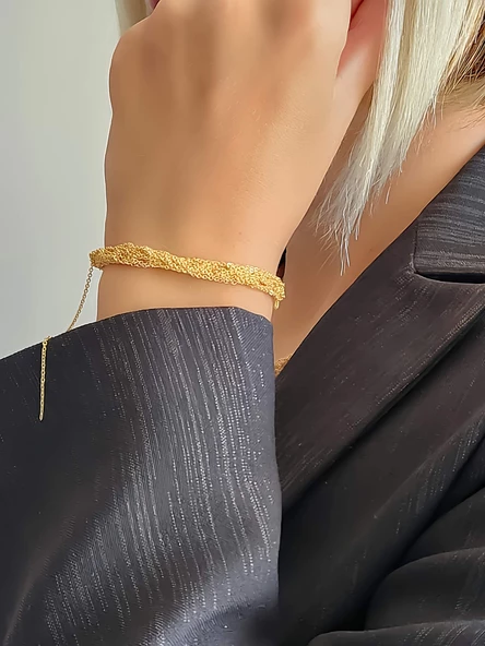 Zırh Örgü Model Çelik Zincir Dokuma Altın Kaplama Bileklik - 3