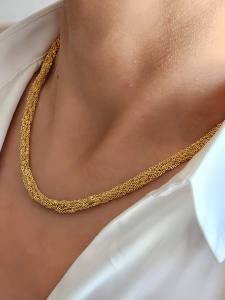 Zırh Örgü Model Çelik Zincir Dokuma Altın Kaplama Kolye - 4