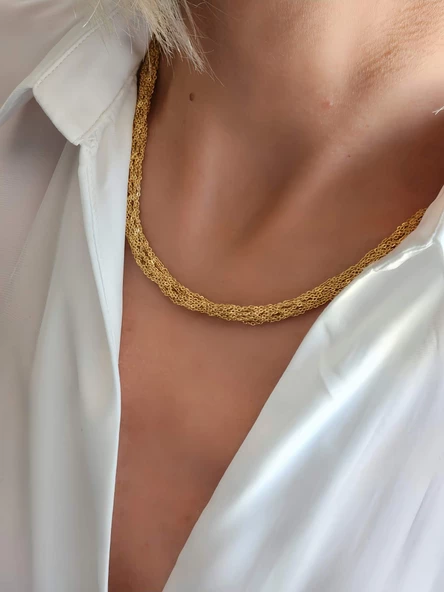 Zırh Örgü Model Çelik Zincir Dokuma Altın Kaplama Kolye - 3