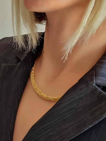 Zırh Örgü Model Çelik Zincir Dokuma Altın Kaplama Kolye - 2