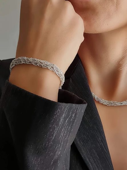 Zırh Örgü Model Çelik Zincir Dokuma Kolye Bileklik Set - 1