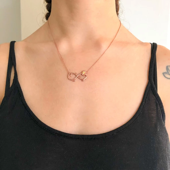 Sonsuzluk İşareti Motifli Zirkon Taşlı Rose Gümüş Kolye GK-193 - Resim 4