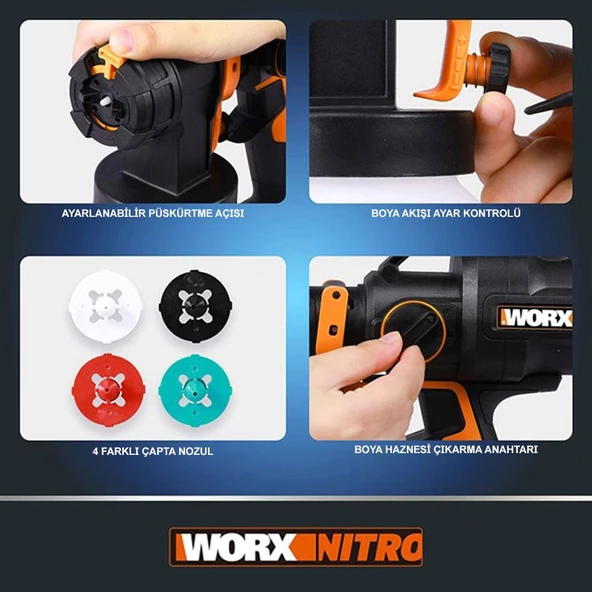 WORX WX020 20Volt 4.0Ah. Li-ion Tek Akülü Kömürsüz Devir Ayarlı Boya Tabancası + 4 Parça Yedek Nozul/Meme - 12