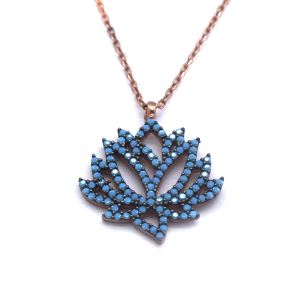 Mavi Taşlı Lotus Çiçeği Rose Gümüş Kolye GK-197 ürün görseli