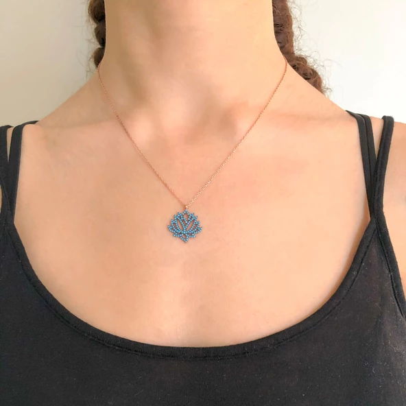 Mavi Taşlı Lotus Çiçeği Rose Gümüş Kolye GK-197 - Resim 2